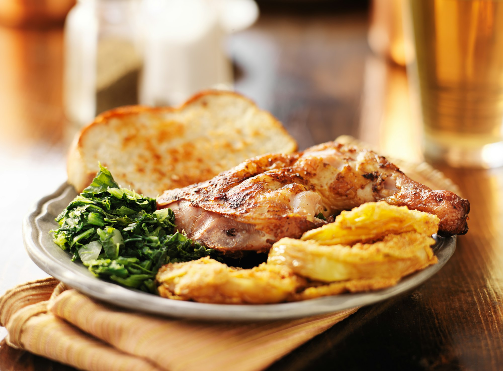 soul food - collard greens, smoked chicken and fried green tomatoes