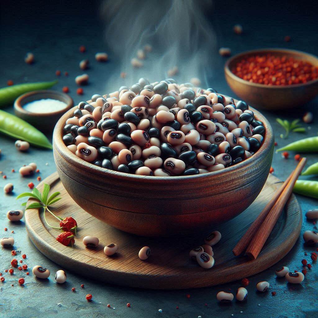 A realistic image of a steaming bowl of Black-Eyed Peas with vibrant colors and lifelike texture, including the type of bowl, background setting, and additional garnishes or ingredients.