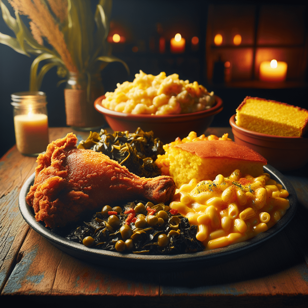 A vibrant collage of ten delicious soul food dishes, showcasing a variety of flavors and colors, including fried chicken, collard greens, cornbread, and macaroni and cheese, all beautifully presented to tempt your taste buds.