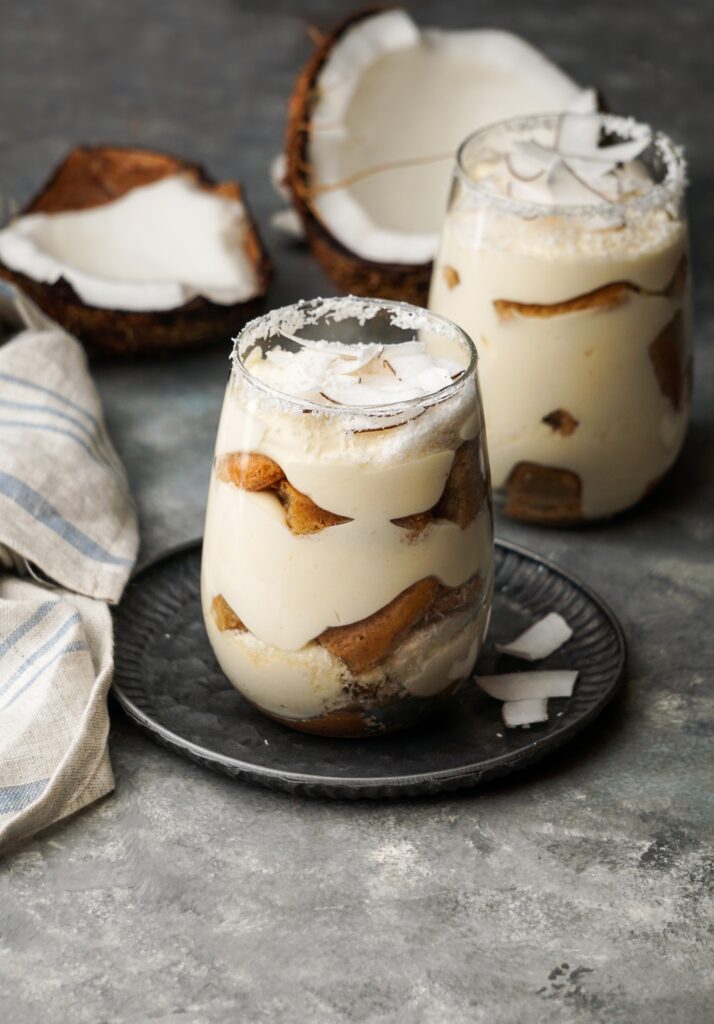 tiramisu with coconut in glass, typical desert of Latin America region, Cuba and Colombia