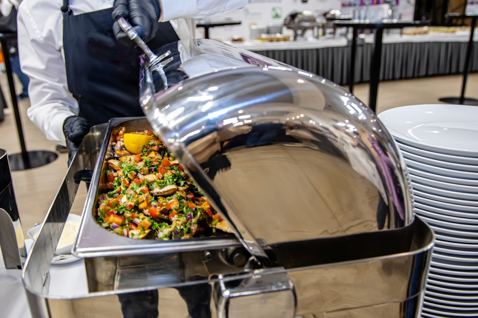 catering buffet food indoor in luxury restaurant with Salmon and vegetables